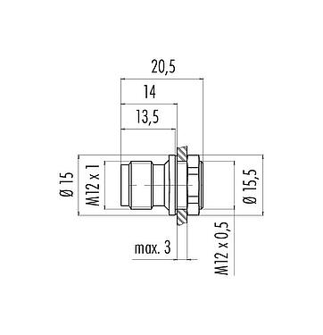 Dessin coté 09 0381 81 08 - M12 Embase mâle, Contacts: 8, non blindé, souder, IP67, M12x0,5