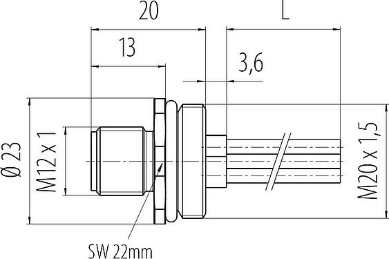 Bản vẽ tỷ lệ M12 Phích cắm gắn bảng, Số lượng cực : 4, không có chống nhiễu, dây đơn, IP68, UL 2238, M20x1,5, Gắn phía trước, túp lều