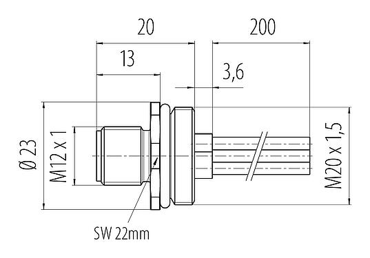 Schaaltekening M12 Male panel mount connector, aantal polen: 4, onafgeschermd, draden, IP68, UL 2238, M20x1,5, Frontaansluiting, gegoten