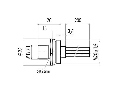 Scale drawing 09 0631 642 04 - M12 Male panel mount connector, Contacts: 4, unshielded, single wires, IP68, UL, VDE, M20x1.5