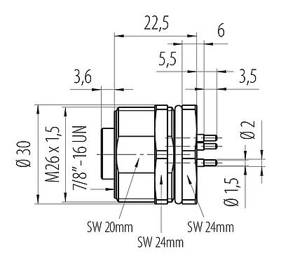 Dibujo a escala 7/8" Toma de brida, Número de contactos: 2+PE, sin blindaje, THT, IP68, UL 2238, VDE, Montaje en pared