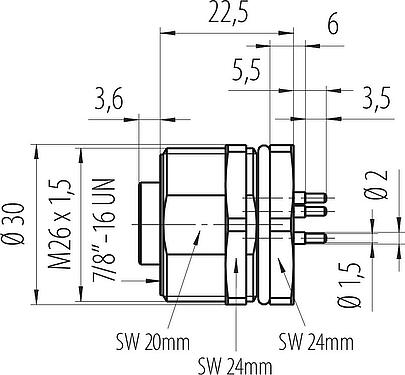 Schaaltekening 7/8" Female panel mount connector, aantal polen: 2+PE, onafgeschermd, THT, IP68, UL 2238, VDE, Achterwandmontage, gegoten