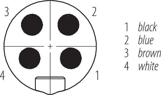 Disposizione dei contatti (lato connessione) 7/8" Connettore angolare maschio, Numero poli: 4, non schermato, stampato sul cavo, IP68, UL 2238, PUR, nero, 4 x 1,50 mm², 2 m