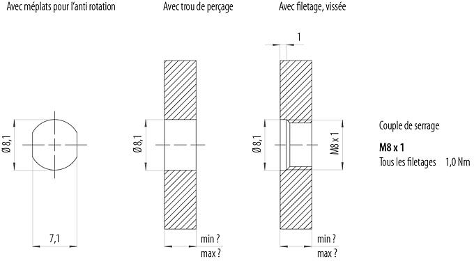 Instructions de montage / Découpe du panneau M8 Embase mâle, Contacts: 3, souder, IP67/IP69K, M10x0,75, Montage frontal, avec contacts à souder sur fils