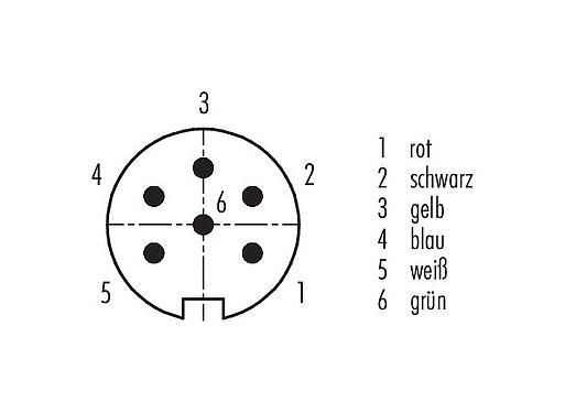 Polbild (Steckseite) 79 6317 200 06 - M16 Winkelstecker, Polzahl: 6 (06-a), geschirmt, am Kabel angespritzt, IP67, PUR, schwarz, 6 x 0,25 mm², 2 m