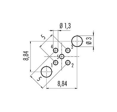 Leiterplattenlayout 86 0531 1120 00005 - M12 Flanschstecker, Polzahl: 5, schirmbar, THT, IP68, UL 2238, PG 9, Rückwandmontage
