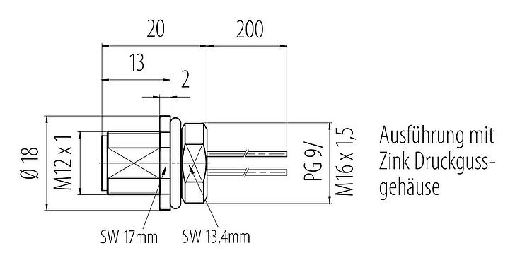 Maßzeichnung M12 Flanschstecker, Polzahl: 4, ungeschirmt, Litzen, IP68, UL 2238, PG 9, Frontmontage