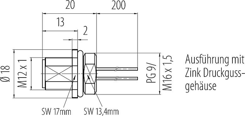 Maßzeichnung M12 Flanschstecker, Polzahl: 5, ungeschirmt, Litzen, IP68, UL 2238, PG 9, Frontmontage