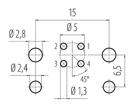 Conductor layout M12 Male receptacle, Contacts: 4, unshielded, THT, IP67, Front mounting