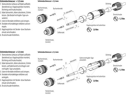Montageanleitung M12 Kabelstecker, Polzahl: 4, 5,0-8,0 mm, schirmbar, crimpen (Crimpkontakte müssen separat bestellt werden), IP67, UL 2238