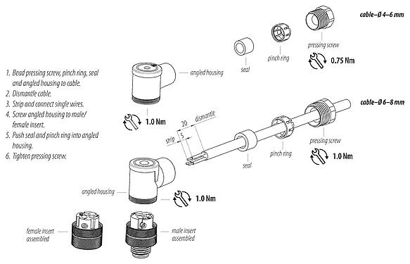 Montagehandleiding M12 Male haakse connector, aantal polen: 2+PE, 4,0-6,0 mm, onafgeschermd, schroefklem, IP67, UL