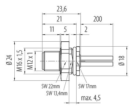 Méretarányos rajz M12 panelre szerelhető csatlakozó, : 4, árnyékolatlan, sodrott vezeték, IP68, UL 2238, M16x1,5, hátsó panel felszerelés
