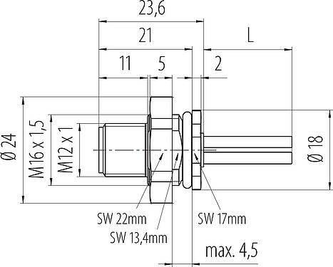 Bản vẽ tỷ lệ M12 Phích cắm gắn bảng, Số lượng cực : 4, không có chống nhiễu, dây đơn, IP68, UL 2238, M16x1,5, Chốt trung tâm