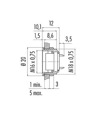 Dessin coté M16 Embase femelle, Contacts: 24, non blindé, souder, IP67, UL 2238, M18x0,75, Montage frontal