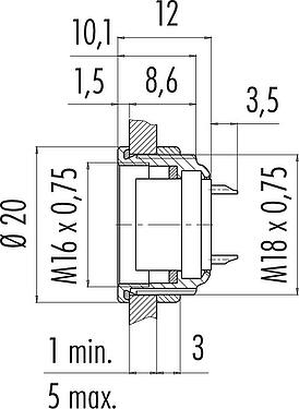 Skalritning M16 Flänsuttag, antal poler: 24, oskärmad, lödning, IP67, UL 2238, M18x0,75, Frammontering
