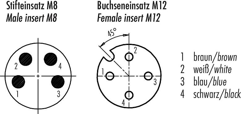 Układ styków (strona przyłączeniowa) M12/M8 Męskie złącze kablowe proste - żeńskie złącze kablowe kątowe, Kontaktów: 4, nieekranowany, formowane wtryskowo na kablu, IP67/IP69K, PUR, czarny, 4 x 0,25 mm², z diodą PNP, 2 m