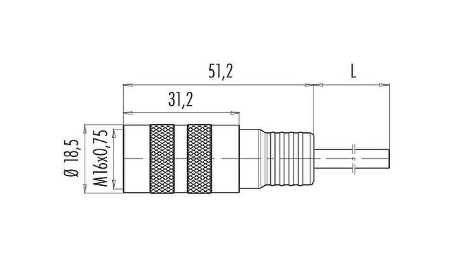 Dessin coté M16 Connecteur femelle, Contacts: 8 (08-a), non blindé, surmoulé sur le câble, IP67, PUR, noir, 8 x 0,25 mm², 2 m