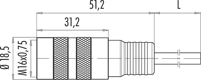 Mittakaavapiirustus M16 Kaapelirasia, Napojen määrä: 8 (08-a), suojaamaton, suihkutettu kaapelille, IP67, PUR, musta, 8 x 0,25 mm², 2 m