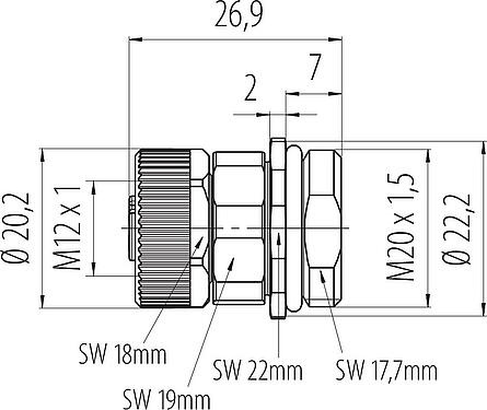 Maßzeichnung M12 Flanschdose, Polzahl: 4, ungeschirmt, schraubklemm, IP68, UL 2238, VDE, M20x1,5, Frontmontage