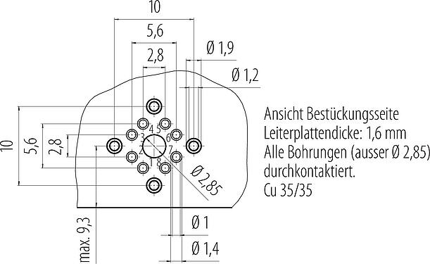 Leiterplattenlayout M12 Flanschdose, Polzahl: 8, schirmbar, THT, IP67, UL, M12x1,0, Rückwandmontage