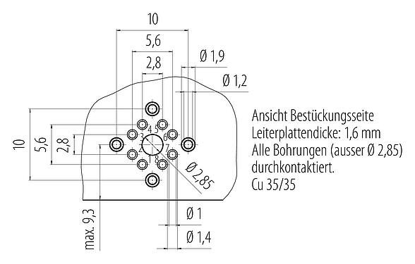 Leiterplattenlayout M12 Flanschdose, Polzahl: 8, schirmbar, THT, IP67, UL, M12x1,0, Rückwandmontage
