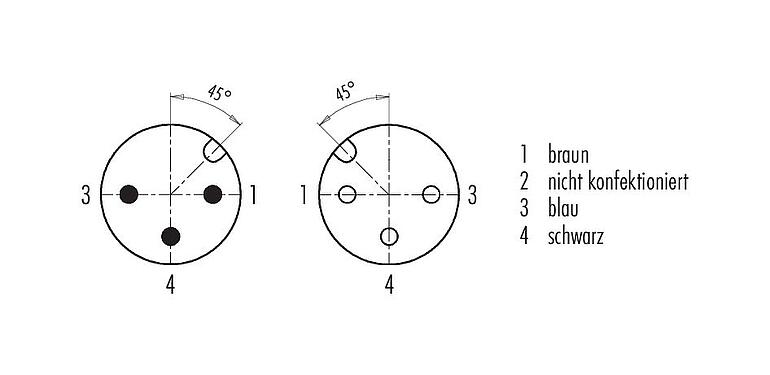 Polbild (Steckseite) M12 Verbindungsleitung Kabelstecker - Kabeldose, Polzahl: 3, ungeschirmt, am Kabel angespritzt, IP67/IP69K, UL 2238, PUR, schwarz, 3 x 0,34 mm², 1 m