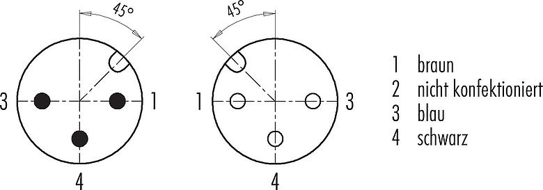 Polbild (Steckseite) M12 Verbindungsleitung Kabelstecker - Kabeldose, Polzahl: 3, ungeschirmt, am Kabel angespritzt, IP67/IP69K, UL 2238, PUR, schwarz, 3 x 0,34 mm², 2 m