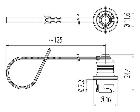 Scale drawing Protecting cap, IP67 plugged and locked, with retaining strap