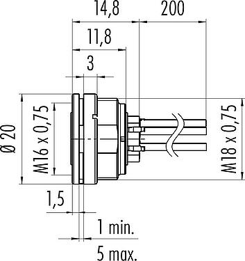Scale drawing M16 Female panel mount connector, Contacts: 4 (04-a), unshielded, single wires, IP40, M18x0,75, Front mounting
