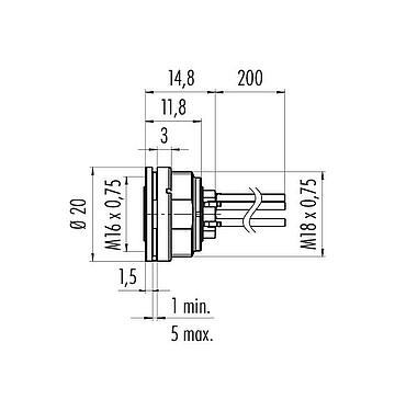 Dessin coté 09 0328 702 07 - M16 Embase femelle, Contacts: 7 (07-a), non blindé, fils, IP40