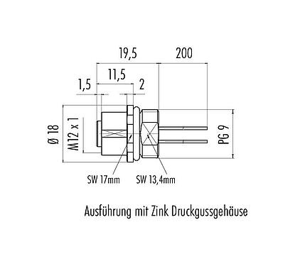 Maßzeichnung 76 0136 0011 00404-0200 - M12 Flanschdose, Polzahl: 4, ungeschirmt, Litzen, IP67, UL 2238, PG 9, Frontmontage