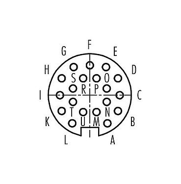 Contact arrangement (Plug-in side) 09 0164 70 19 - M16 Female angled connector, Contacts: 19 (19-a), 4.0-6.0 mm, unshielded, solder, IP40