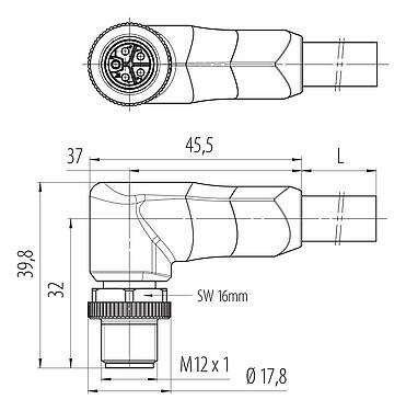 Scale drawing 77 0647 0000 50505-0200 - M12 Male angled connector, Contacts: 4+FE, unshielded, moulded on the cable, IP68, PUR, black, 5 x 2.50 mm², UL in preparation, 2 m