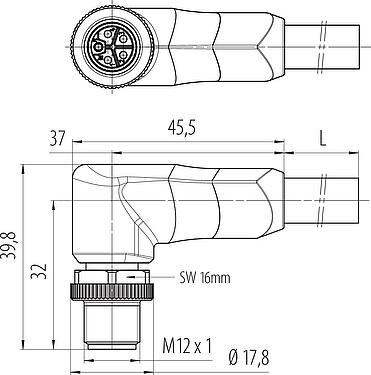 Dessin coté M12 Connecteur mâle coudé, Contacts: 4+FE, non blindé, surmoulé sur le câble, IP68, UL 2238, PUR, noir, 5 x 2,50 mm², 5 m