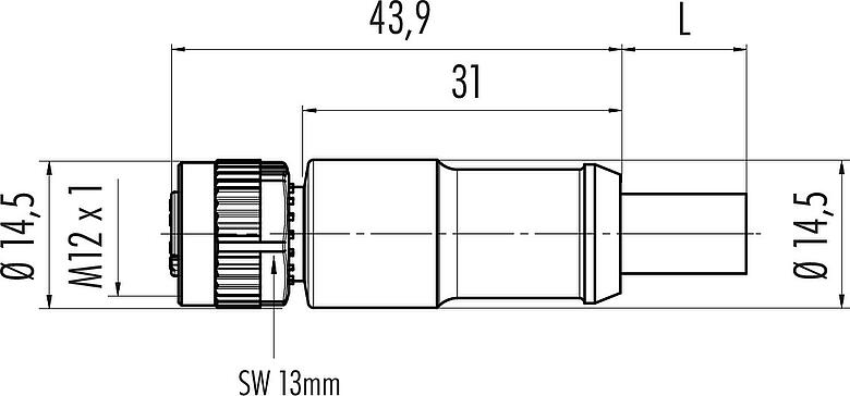 스케일 드로잉 M12 케이블 소켓, 콘택트 렌즈: 5, 쉴드, 케이블에 몰딩, IP68, UL 2238, CAN-Bus, PUR, 보라색, 1x2xAWG 22+1x2xAWG 24, 5m