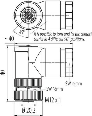 Výkres v měřítku M12 Úhlový box, : 4, 8,0-10,0 mm, nestíněný, šroubovací svorka, IP67, UL 2238, VDE, pro napájení (Power)