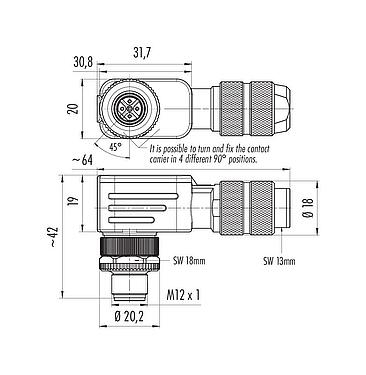 Dessin coté 99 1439 820 05 - M12 Connecteur mâle coudé, Contacts: 5, 5,0-8,0 mm, blindable, pince à visser, IP67, UL 2238, ressort à iris