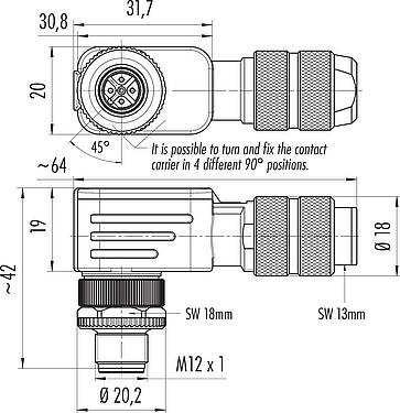 Méretarányos rajz M12 derékszögű csatlakozó, : 5, 5,0-8,0 mm, árnyékolható, csavaros bilincs, IP67, UL 2238, íriszrugó