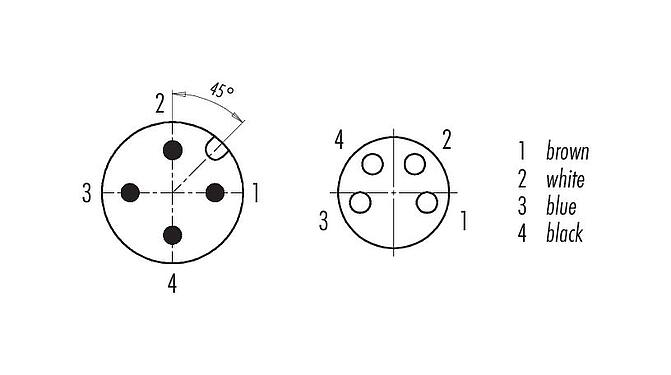Disposition des contacts (Côté plug-in) M12/M8 Connecteur mâle - connecteur d‘angle femelle, Contacts: 4, non blindé, surmoulé sur le câble, IP67/IP69K, UL 2238, PUR, noir, 4 x 0,34 mm², 2 m