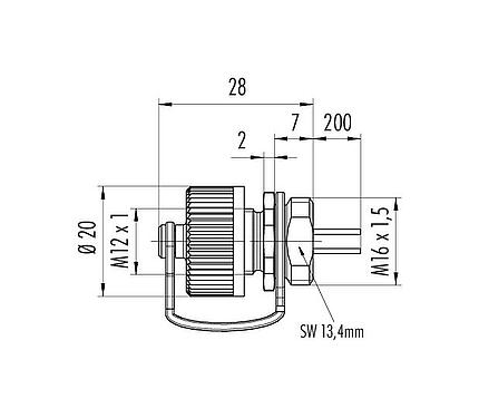Dessin coté M12 Embase mâle, Contacts: 4, non blindé, fils, IP68/IP69K, M16x1,5, Montage frontal, pour les applications extérieures, résistant aux UV, coulé