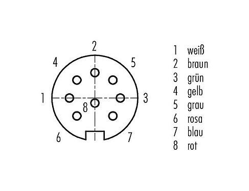Polbild (Steckseite) M16 Kabeldose, Polzahl: 8 (08-a), ungeschirmt, am Kabel angespritzt, IP67, PUR, schwarz, 8 x 0,25 mm², 2 m