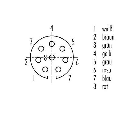 Polbild (Steckseite) 79 1462 272 08 - M9 Winkeldose, Polzahl: 8, ungeschirmt, am Kabel angespritzt, IP67, PUR, schwarz, 8 x 0,14 mm², 2 m