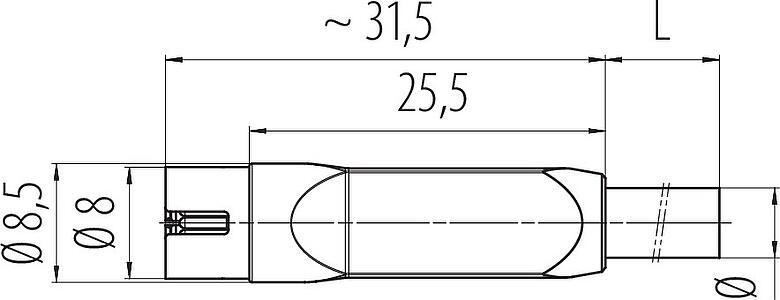 Bản vẽ tỷ lệ Snap-In Phích cắm cáp, Số lượng cực : 4, không có chống nhiễu, ép phun vào dây cáp, IP40, PVC, màu đen, 4x0,25mm², 2m