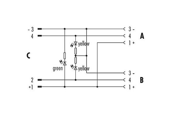 Pin assignment plans M12 Twin distributors, Y-distributor, male connector - 2 female connector, Contacts: 4/3, unshielded, pluggable, IP68, UL 2238, with LED PNP