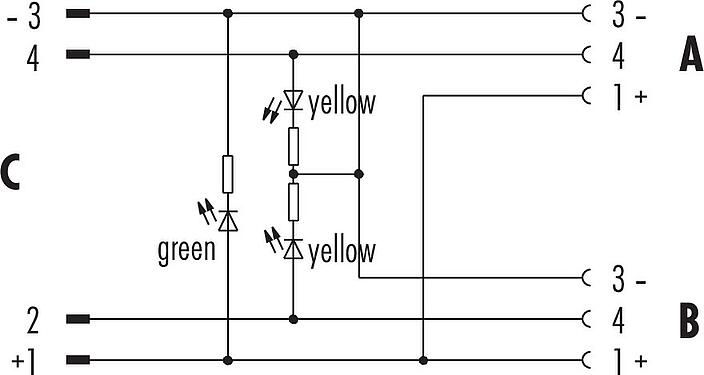 Pin assignment plans M12 Twin distributors, Y-distributor, male connector - 2 female connector, Contacts: 4/3, unshielded, pluggable, IP68, UL 2238, with LED PNP
