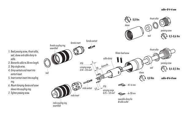 Instrukcja montażu M16 Zeńskie złącze kablowe proste, Kontaktów: 8 (08-a), 6,0-8,0 mm, do ekranowania, zaciskane (kontakty zaciskane należy zamawiać osobno), IP68, UL 2238, Zgodność z AISG