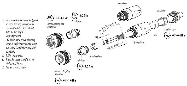 Monteringsanvisningar M9 Kabelplugg, antal poler: 4, 3,5-5,0 mm, kan skärmas, lödning, IP67, med skyddsmanschett