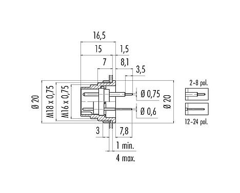 Scale drawing 09 0315 90 05 - M16 Male panel mount connector, Contacts: 5 (05-a), unshielded, THT, IP40, front fastened