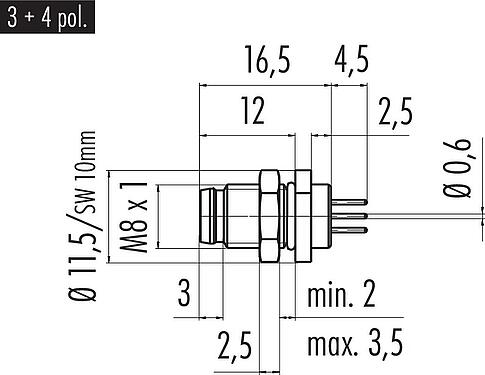 Scale drawing M8 Male panel mount connector, Contacts: 4, unshielded, THT, IP67, UL 2238, M8x1.0, Rear mounting, potted