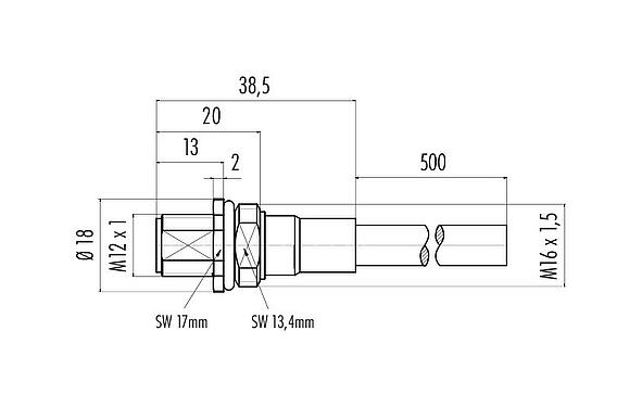 Dessin coté M12 Embase mâle, Contacts: 8, blindé, assemblés avec câble, IP68, M16x1,5, PUR, noir, 5 x 0,25 mm², Montage frontal, 0,5 m